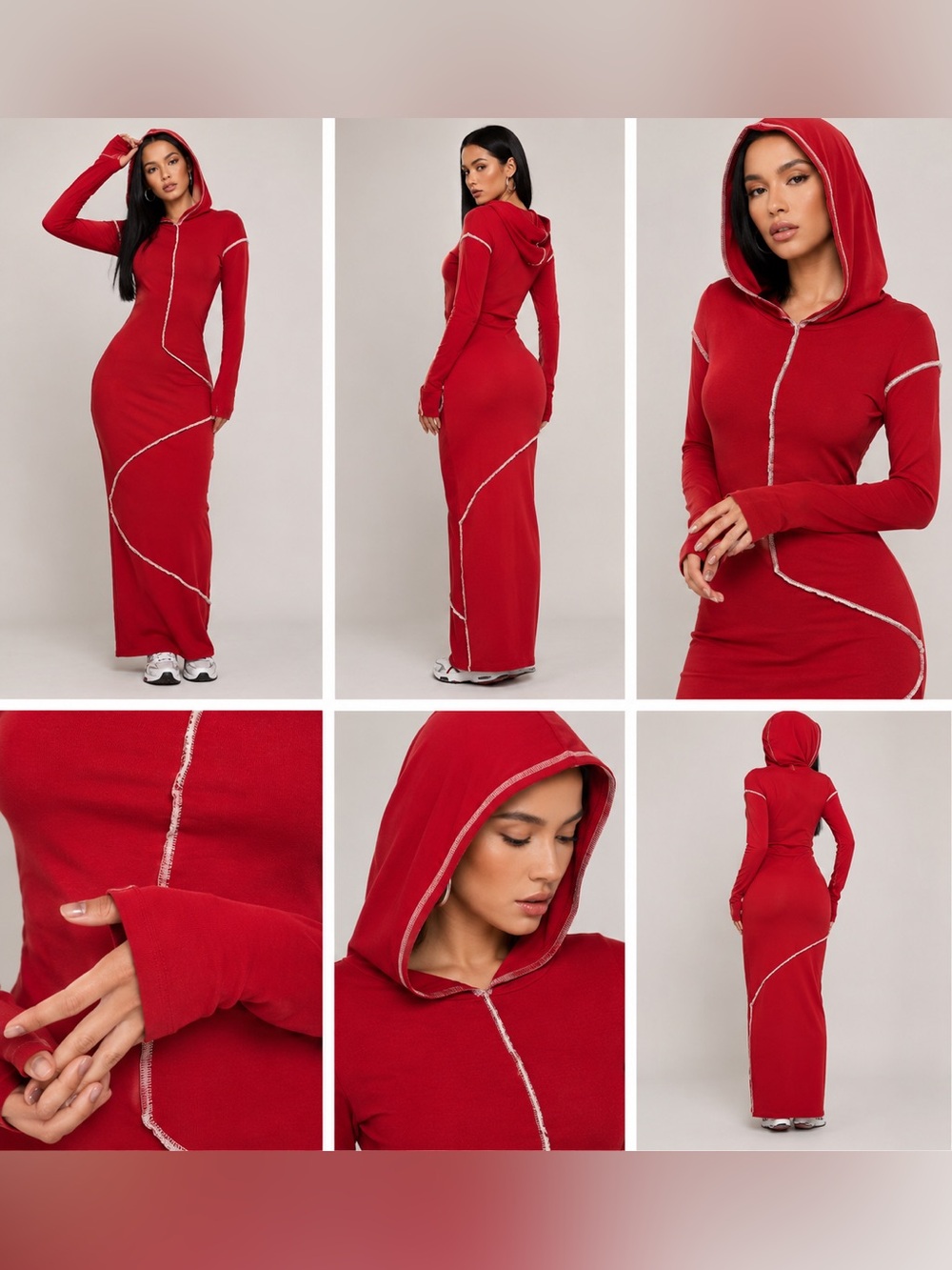 Contrast Seam Hooded Bodycon Maxi Dress Streetwear Red Size M